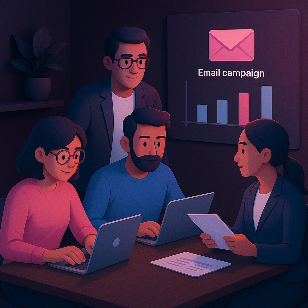 Professionals collaborating on a modern email reactivation workflow